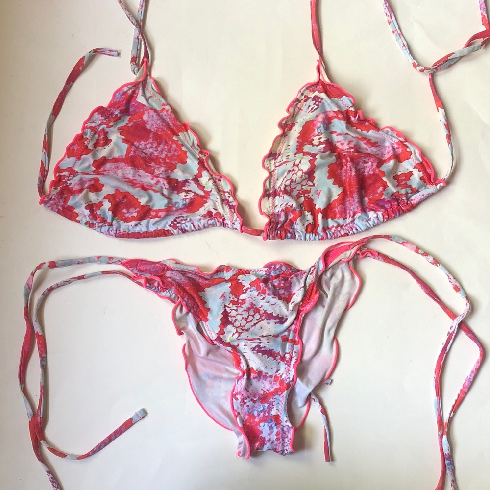 PilyQ String Bikini Ruched bottom Cheeky animal snake print Pink Red Blue